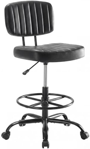 Simple Deluxe Tall Drafting Chair, Low Back PU Leather Standing Desk Chair with Footrest Ring, Swivel Rolling Stool for Studio, Lab, Counter and Small Spaces, Black