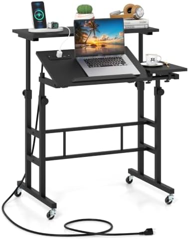 GIANTEX Mobile Standing Desk, Adjustable Rolling Computer Desk, Black