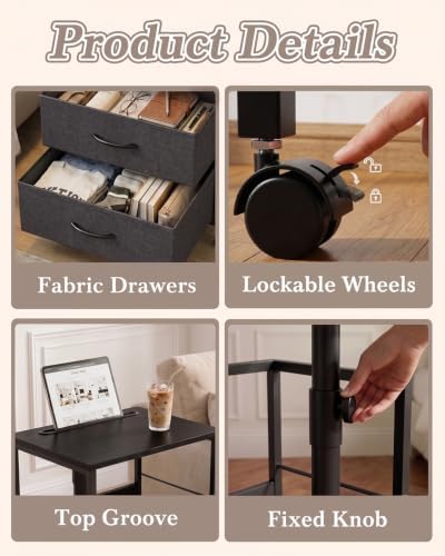 Faesun Night Stand with Charging Station & Swivel Top, Black Gray