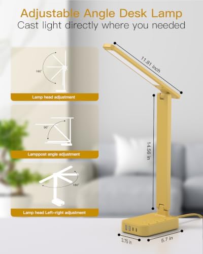 Addtam LED Desk Lamp, Power Strip with 3 Outlets 4 USB Charging Ports(2 USBC), 4 Modes 5 Level Brightness Touch Lamp, Small Desk Lamp for Home Office College Dorm Room Essentials, Yellow