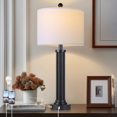 28" Tall Modern Table Lamps with USB C+A Ports and AC Outlet, 3 Way Touch Metal Bedside Lamps for Bedroom, Black Nightstand Lamps for Living Room