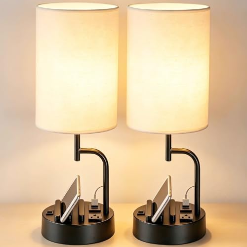 Dreamholder 2 Pack Table Lamp, Bedside Lamp with 3 USB Charging Ports & AC Outlet, USB Desk Lamp with 2 Phone Holders, Linen Fabric Shade Nightstand Lamps for Bedroom Living Room Office, Black