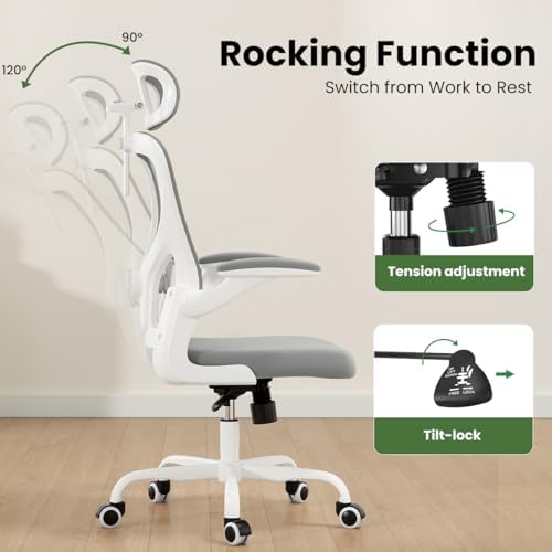 Ergonomic Home Office Desk Chair with Flip-Up Arms and Headrest, Gray/White