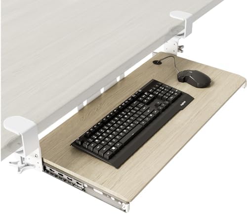 AX WABER Keyboard Tray Under Desk Pull Out with Extra Sturdy C Clamp Mount System, 27.3 (32.5 inch Including Clamps) x 11 Inch Slide-Out Platform Computer Drawer for Typing Grain