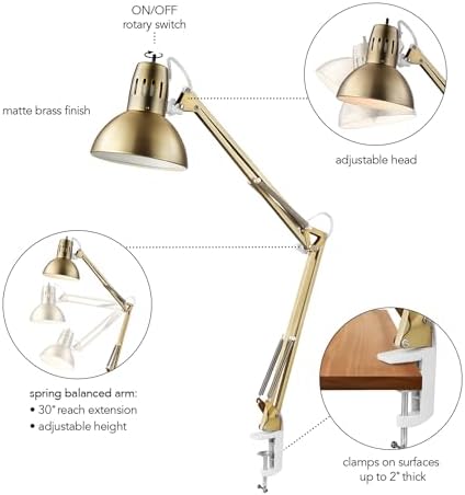 Globe Electric 62000010 32" Multi-Joint Desk Lamp with Metal Clamp,Matte Brass,White Accents,On/Off Rotary Switch on Shade,Partially Adjustable Swing Arm,Home Décor,Office Accessory, Clamp (Pack of 6)