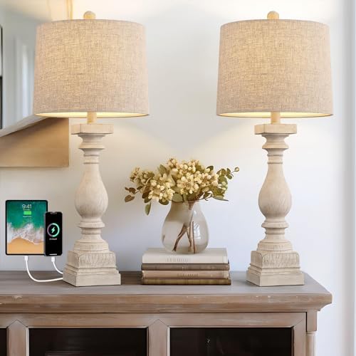 BOBOMOMO 27" Table Lamp with USB C+A Charging Ports Set of 2 Antique Nightstand Lamp for Bedroom Living Room Farmhouse Office Retro Rustic Resin Bedside Desk Lamps Washed White (Blubs not Included)