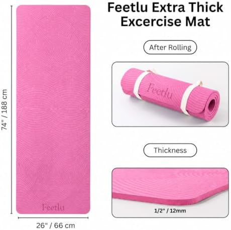 Extra Thick 12mm Exercise Mat, 74" x 26", Non-Slip with a Yoga Strap