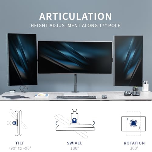 VIVO Premium Triple Monitor Desk Mount for 3 Screens up to 22 lbs, Fits up to 38 inch Ultrawides on Center Bracket, Adjustable Telescoping Arms, Flush Wall Setup, Black, STAND-TS03C