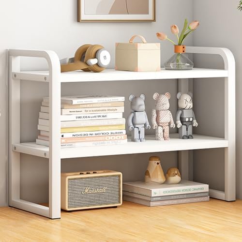 Office Desk Shelf Organizer, Wood Desktop Bookshelf Supplies Storage Rack, Shelf for Top of Desk and Dresser and Cubicle Decor Aesthetic Bookshelf (White White, Two Tier 19.69 Lx7.87 Wx15.16 H)