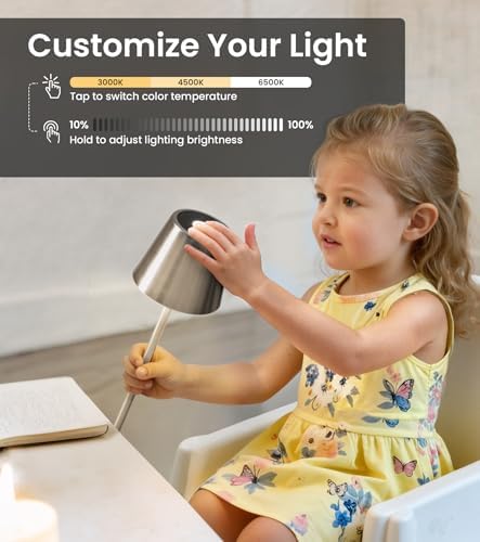 3 Pack Cordless Table Lamp, Portable Battery Operated Lamp with 3 Color Temps and Stepless Dimming, Rechargeable Table Lamp for Dinner, Desk, Cafe, Outdoor (Brushed Silver)