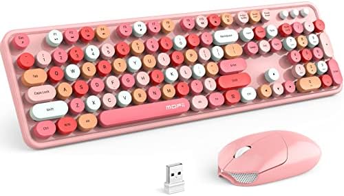 MOFII Wireless Keyboard and Mouse Combo, Pink Wireless Keyboard, 2.4GHz Retro Full Size with Number Pad & Cute Mouse for Computer PC Laptop Windows XP/7/8/10 (Pink-Colorful)