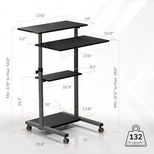 Mount-It! Rolling Desk Adjustable Height up to 54.7", Portable Standing Desk for Laptop or Podium Stand with Wheels, Mobile Roller Presentation Cart, Computer Work Station 27.5" Wide, Locking Wheels