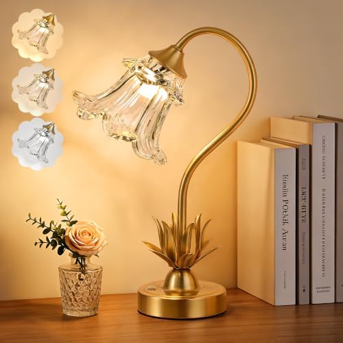 Cordless Flower Table Lamp with Glass Lampshade, 5200mAh Rechargeable Battery, 3-Color Dimmable Touch Control, Portable Desk Lamp for Nightstand, Patio, Camping, Restaurant & Home, Transparent