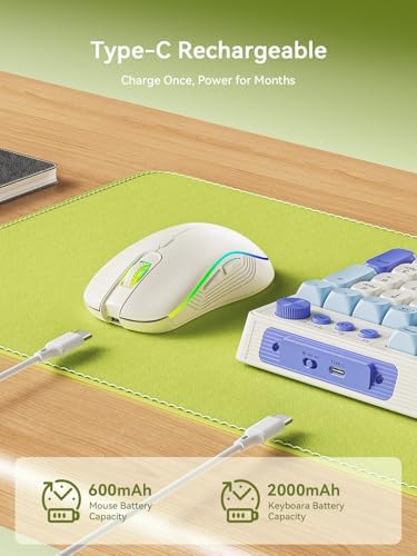 Wireless Keyboard and Mouse Combo, RGB Backlit Rechargeable 2000 mAh Battery, Wireless Computer Keyboards, Tri-Mode Bluetooth/2.4GHz/USB-C Custom Creamy Keyboard, RGB Backlit Media Knob
