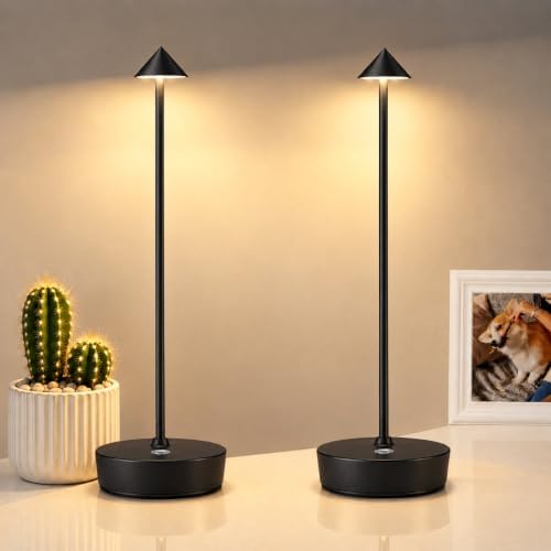 Set of 2 LED Cordless Table Lamp, Rechargeable Battery Operated Dimmable Restaurant Table Lamp, 6000mAh, Outdoor Patio Black