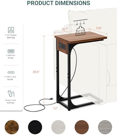 C-Shaped Side Table for Couch - Small Coffee Stand Sofa Tray Desk with Metal Frame Waterproof Scratch Resistant Wood Top and Built-in Charging Station, Rustic Walnut