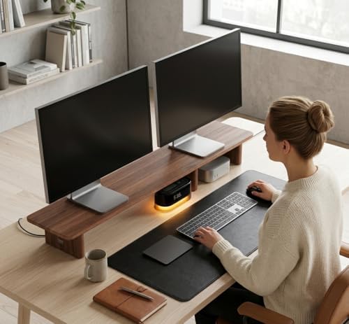 Walnut Dual Monitor Stand Riser - 43.3" Extra Long Wooden Monitor Stand for 2 Monitors, Desk Shelf Organizer for iMac, Laptop & Ultrawide Displays, Natural Wood Grain