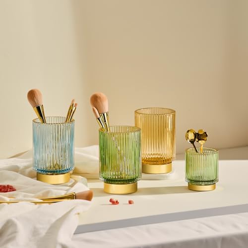 Makeup Brush Holder Organizer,Toothbrush Holders,Desk Pen Pencil Holder,Multifunctional Vintage Glass Brush Cup（S+L/Blue/A3-3-US）