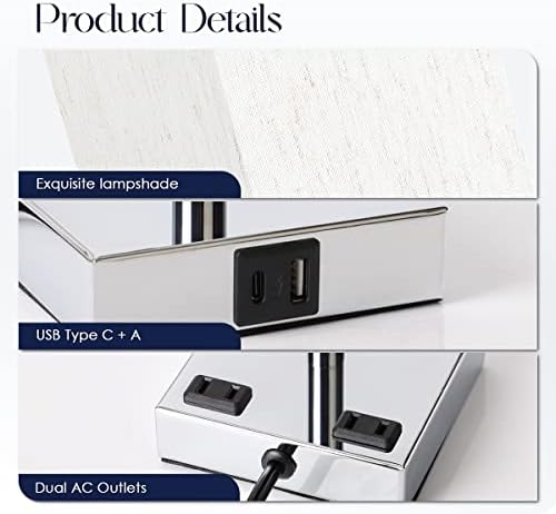 Bedside Lamp with USB Ports - Touch Control Table Lamp for Bedroom with USB C+A Charging Ports & AC Outlets, 3 Way Dimmable Nightstand Light for Living Room (LED Bulb Included, Chrome - Flaxen)