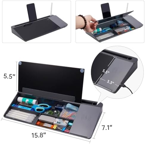 Small Glass Desktop Whiteboard Dry-Erase-Board - Computer Keyboard Stand with Wireless Charger White Board Surface Pad with Drawer, Desk Organizers with Accessories for Office, Home, School Supplies