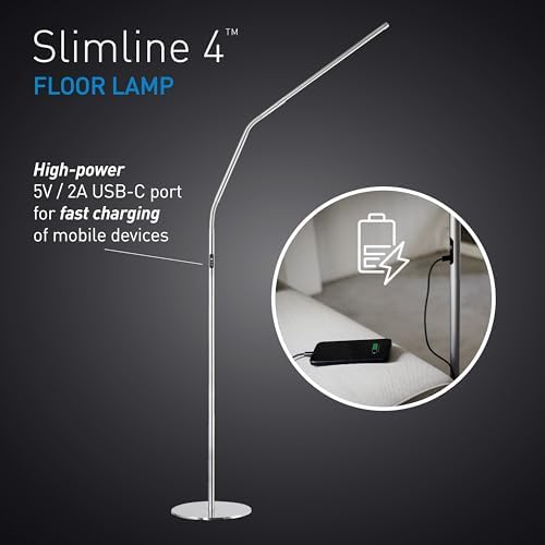 daylight Slimline 4™ LED Floor Lamp in Brushed Steel - 6,000K, 3,200 Lux, 4 Brightness Levels, USB-C Charging Port, Anti-Glare Diffuser, Flexible Design, Art & Craft, Sewing, Nail Salon