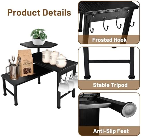 Counter Organizer Shelf, 3 Tier Moveable Black Corner Shelf Organizer with Hook, Counter Shelf for Kitchen Bathroom Spice Rack Coffee Area Over Sink Dresser Table (Black)