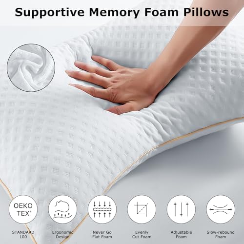 Side Sleeper Pillows Standard Size Set of 2 for Neck and Shoulder Pain, Memory Foam Bed Pillows 2 Pack for Sleeping, Medium Firm Curved Standard Pillows with Washable Cover