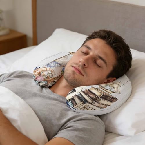 Neck Pillow Vintage Lighthouse Anchor Flower Washable Memory Foam Pillow for Airplane Office Car Sleeping, Shell Starfish on Desk Travel Pillows U Shaped Stretch Neck Support Pillows
