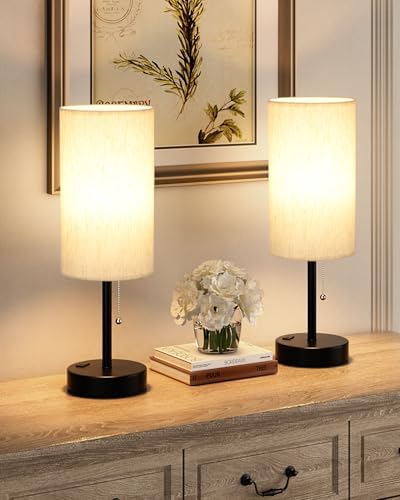 17.4" Cream Bedside Table Lamps Set of 2 - Bedroom Lamp, USB C+A, AC Outlet