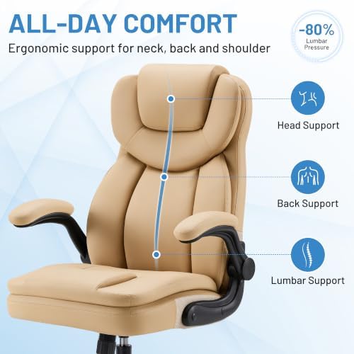 Ergonomic PU Leather Office Chair with Double-Layer Seat Cushion, Adjustable Armrest and Headrest, Reclining Backrest 360° Swivel Rolling Computer Desk Chair for Home Office Gaming Space, Khaki