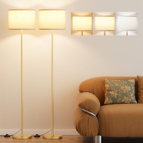 Ambimall 60'' Modern Floor Lamp Set of 2, 2PK Tall Lamps for Living Room Bedroom, Beige Shade with Gold Pole(Without Bulb)