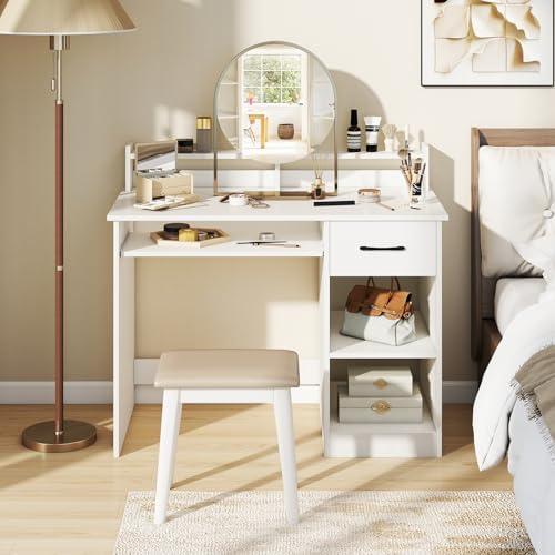 GIANTEX White Desk with Drawers, Modern Home Office Desk with Keyboard Tray, Monitor Stand & Adjustable Shelf, PC Laptop Table Computer Workstation, Study Writing Desk for Small Spaces, Bedroom