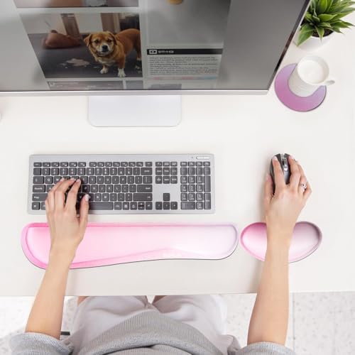 BamLue Keyboard Wrist Rest, Memory Foam Pad Set for Easy Typing & Pain Relief for Laptop, Office & Home, Ergonomic Sets for Keyboard, Gel Mouse, Smooth Fiber Cushion Wrist Support, Pink Gradient