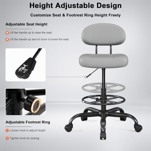 Armless Drafting Chair with Back, Tall Office Chair for Standing Desk, PU Faux Leather,Footrest Ring,Adjustable Height,360°Wheels for Bar Home Office