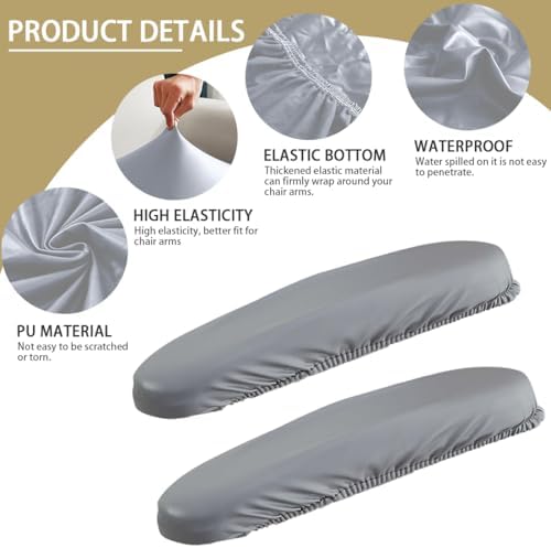 Office Chair Arm Covers Leather Office Removable Armrest Covering Stretch Water Resistant Chair Seat Hand Rest Protector for Computer Desk Chairs 2 Pair Light Gray