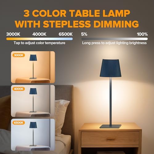 LUTEC 2 Pack Cordless Table Lamp,6000mAh Rechargeable Battery Operated Desk Lamp,Two Adjustable Heights,Waterproof, Touch Control & 3 Color Stepless Dimming for Restaurant/Bedroom/Bars/Outdoor (Blue)
