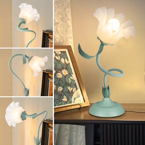 Women Bedside Table Lamps for Bedroom, Cute Flower Desk Lamp With Adjustable Flexible Gooseneck, 3 Color Temperatures Nightstand Lamp with E26 LED Bulbs, Floral Lamp for Living Room, Office ,Reading