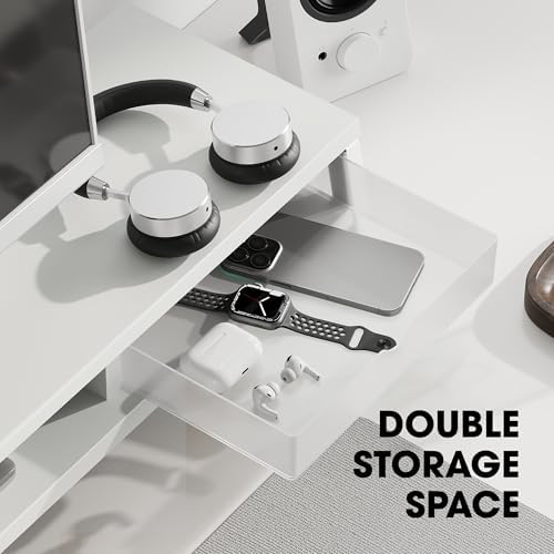 Fenge Dual Monitor Stand Riser, 42.5in Desk Shelf with 2 Drawers, White