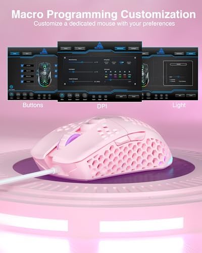 SOLAKAKA SM900 Wired Gaming Mouse with Honeycomb Shell,12800 DPI,7 Programmable Buttons,Lightweight Gaming Mice Ergonomic Computer Mouse Gaming for Windows/PC/Mac/Laptop Gamer (Pink)