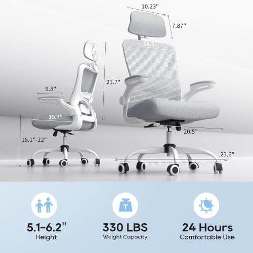 Ergonomic Office Chair for Long Hours, Adjustable Padded Lumbar Support for Lower Back Relief, 330 lb Capacity, Comfortable Computer Desk Chair for Home Office, Work & Study