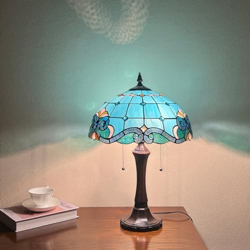 Tiffany Lamp 16" Large Blue Stained Glass Table Lamp for Living Room