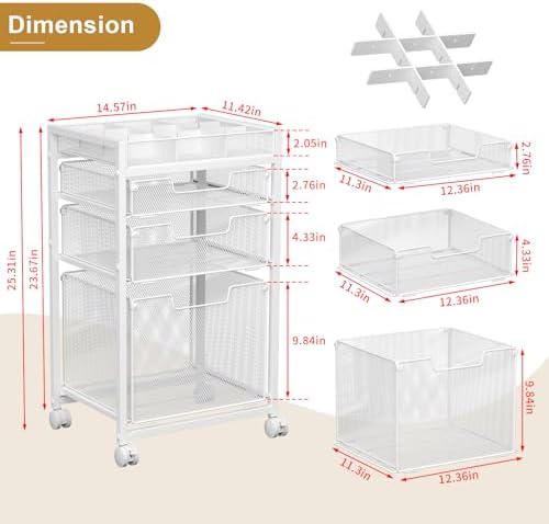 Rolling File Cart with 3 Storage Drawers, Under Desk Organizer with DIY Divider, Moblie Filing Cabinet on Wheels, Fits A4/Letter Size, Metal Utility Cart for Home Office, White