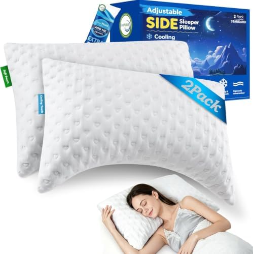 Side Sleeper Pillows for Neck & Shoulder Comfort - Ergonomic Curved Crescent Design, Adjustable Shredded Memory Foam, Cooling & Soft Cover, Extra Fill Included, Standard Size Pillows Set of 2