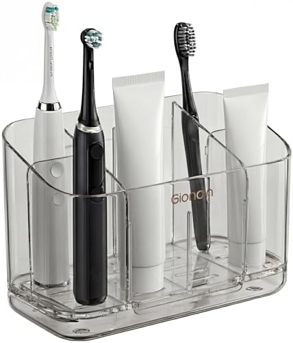 Toothbrush Holder for Bathroom Wall Mounted, 5 Slots Acrylic Toothbrush and Toothpaste Organizer with Removable Dividers Large Capacity Electric Toothbrush Holder for Bathroom Accessories, Smoke Grey