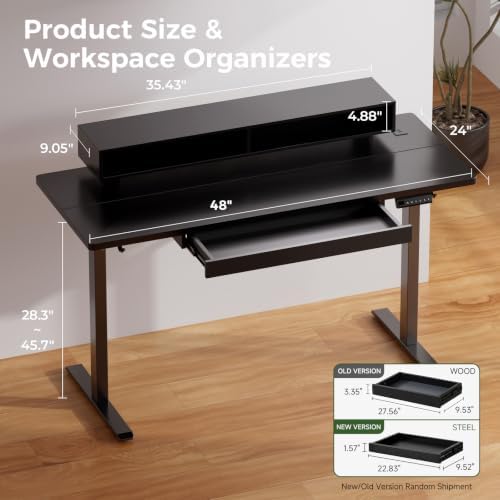 GTPLAYER Electric Standing Desk with Drawers, 48 x 24 Inch Height Adjustable Gaming Desk with Monitor Stand, Power Outlets & LED Lights, Home Office Sit Stand Up Desk with Memory Preset (Black)