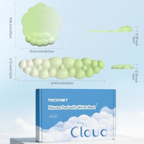 TECKNET Cloud Wrist Rest & Ergonomic Mouse Pad, Cloud Keyboard Wrist Rest with Non-Slip Base, PU Leather Memory Foam Wrist Pad for Keyboard and Mouse, Pain Relief for Typing, Gaming, Green