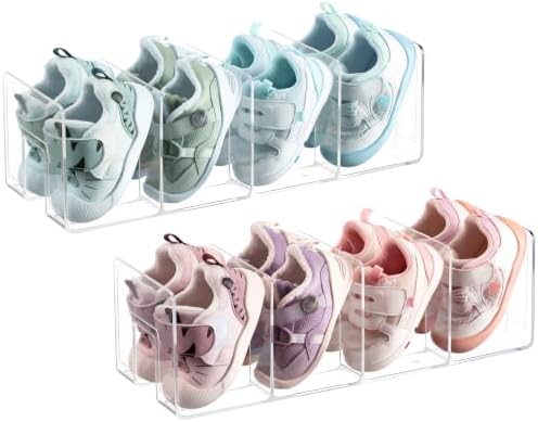 HBlife Widened 3.94 Inch Clear Acrylic Kids Shoe Rack for Closet Organizers and Storage, Small Shoe Rack 4 Sections Toddler Baby Shoe Storage Organizer Shelf, Desk File Book Purse Organizer (2 Pack)