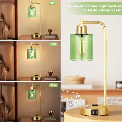 Innqoo Industrial Green Table Lamps for Bedrooms Set of 2-3-Way Dimmable Desk Lamp with USB C+A Ports and Outlet, Gold Lamps with Green Glass Shade for Living Room