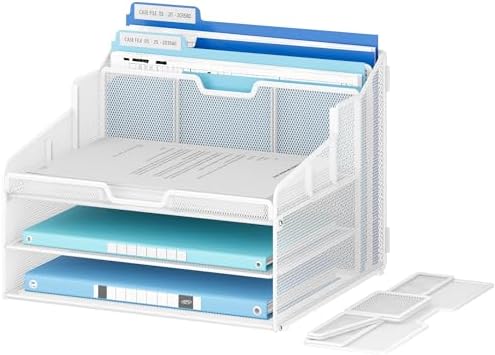 Lavatino Desk Paper File Organizer - Metal Mesh with 2 Letter Trays, 7 Flexible Dividers, 2 Vertical File Folder Holders for Office/Home/Classroom Supplies, Desk Organizers and Accessories, White