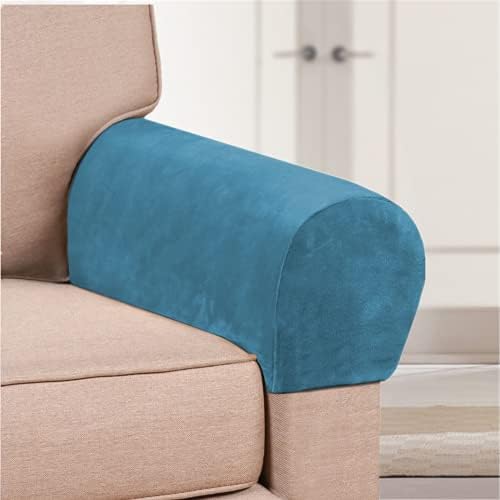 2 Pack Velvet Stretch Armrest Covers - Non Slip Sofa Chair Covers, Soft Elastic Arm Protectors for Living Room Couch, Office Chair, Recliner (Peacock Blue)